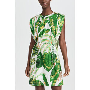 Farm Rio 'Tropical' Green Forest Off-White Tassel Ties T-Shirt Dress Size XL